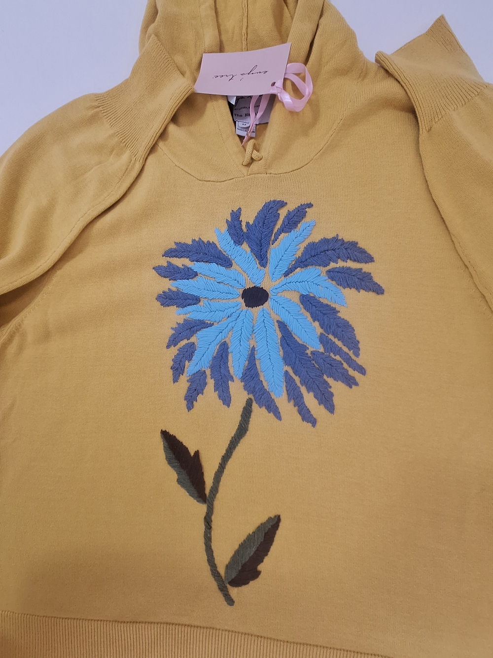 NWT evy's tree Mustard Yellow Hoodie Sweater with Blue Floral Motif - Picture 10 of 11